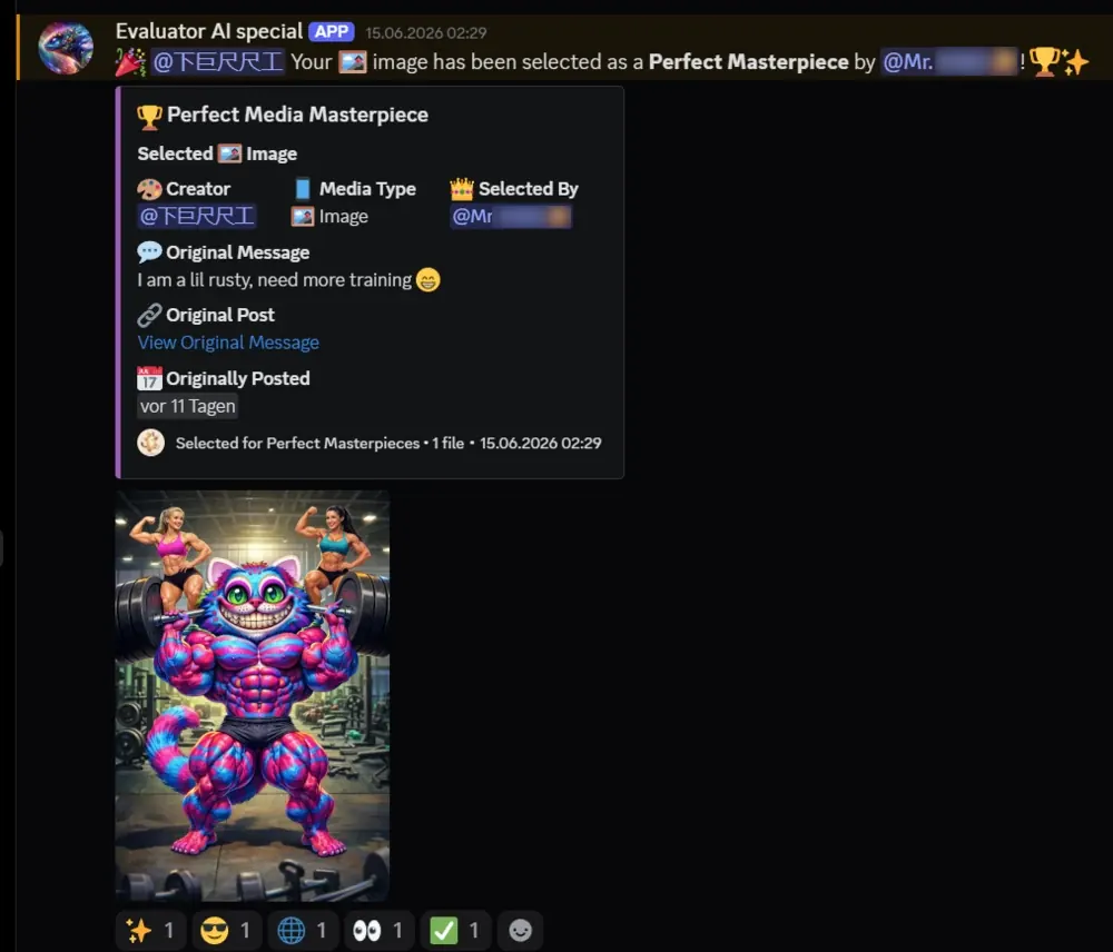 AI bot crowning a community AI artwork as a Perfect Masterpiece