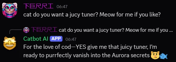 An AI cat-character bot replying in character to a member in the Discord chat