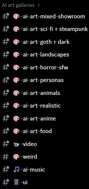 List of themed AI art gallery channels in the Secret HQ Discord